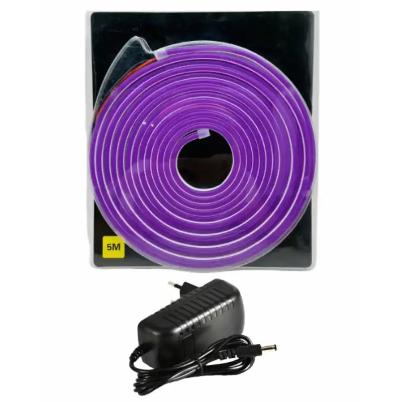 5 Metre 12 Volt 6x12 mm Esnek Mor Neon Led  3A Plastik Adaptör Set