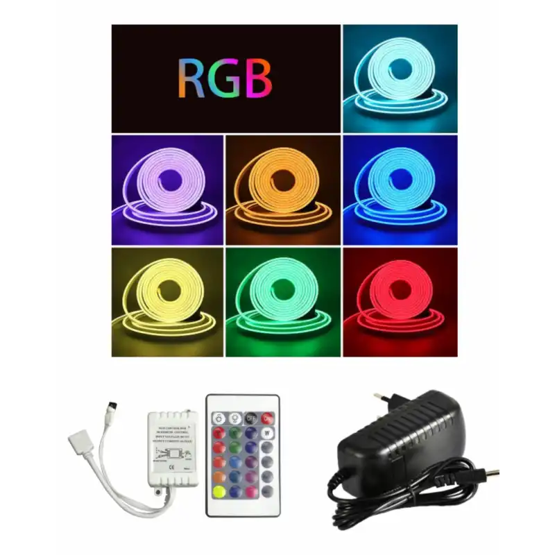 5 Metre 12 Volt 6x12 mm Esnek RGB Neon Led 24 Tuşlu IR Kumanda 3A Plastik Adaptör Set