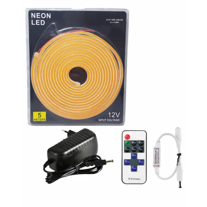 5 Metre 12 Volt 6x12 mm Esnek Amber Neon Led 12A Tek Renk Kumandalı RF Dimmer 3A Plastik Adaptör Set