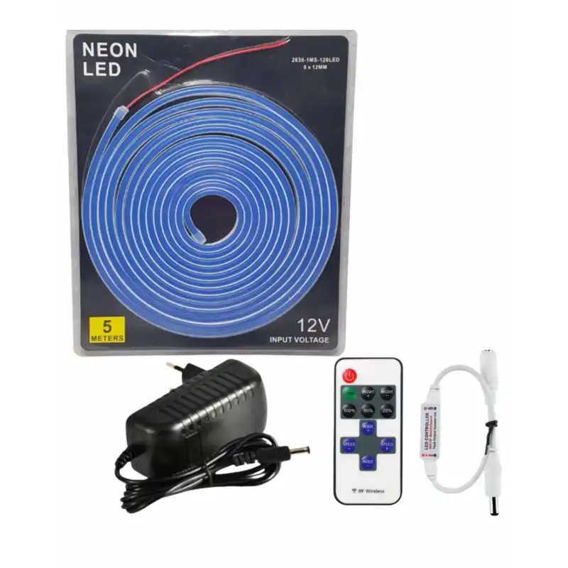 5 Metre 12 Volt 6x12 mm Esnek Mavi Neon Led 12A Tek Renk Kumandalı RF Dimmer 3A Plastik Adaptör Set