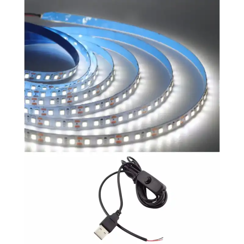 5 Metre 5 Volt 2835 SMD 6500 K Beyaz İç Mekan 60 Ledli Şerit USB li Anahtarlı Siyah Güç Kablosu Set