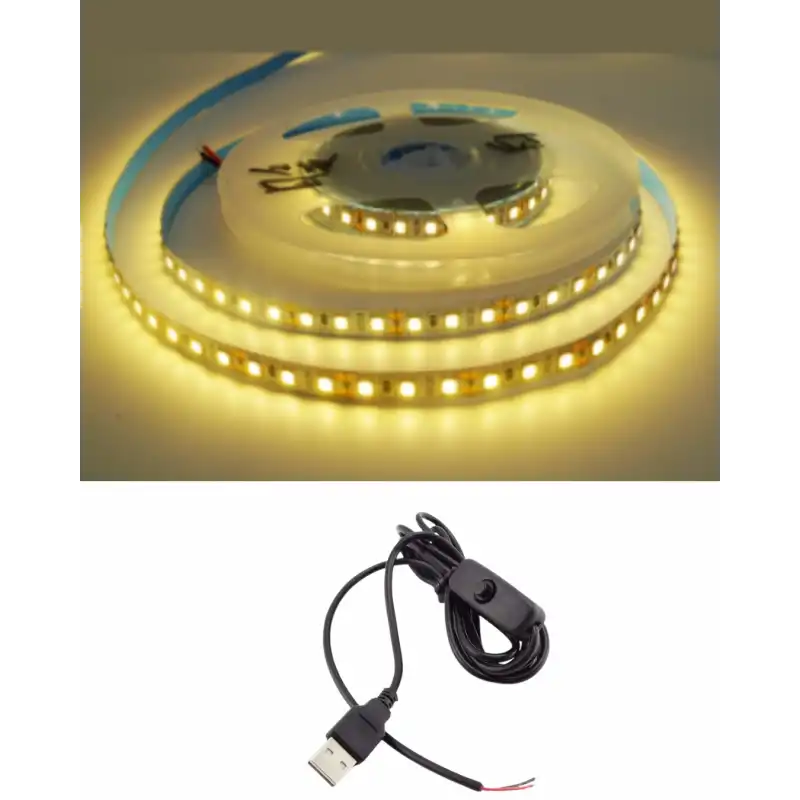 5 Metre 5 Volt 2835 SMD 3000 K Günışığı İç Mekan 60 Ledli Şerit USB li Anahtarlı Siyah Güç Kablosu Set