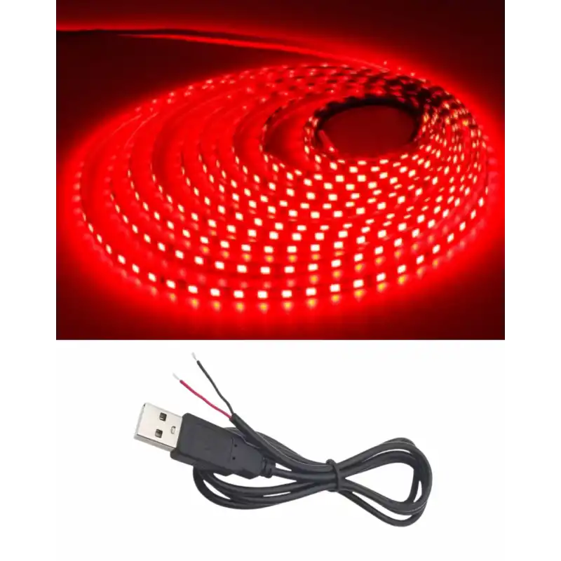 5 Metre 5 Volt 2835 SMD Kırmızı İç Mekan 60 Ledli Şerit USB li Siyah Güç Kablosu Set