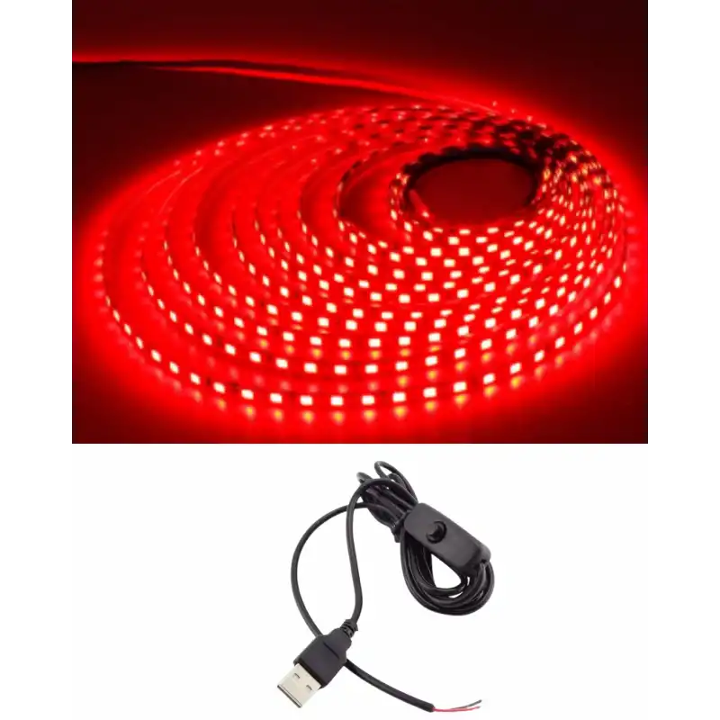 5 Metre 5 Volt 2835 SMD Kırmızı İç Mekan 60 Ledli Şerit USB li Anahtarlı Siyah Güç Kablosu Set