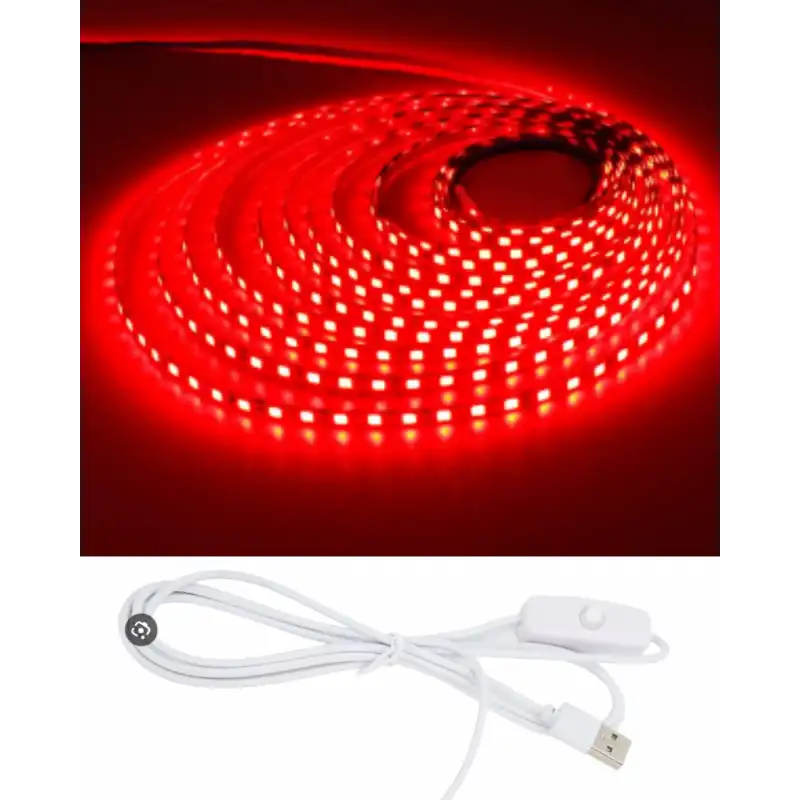 5 Metre 5 Volt 2835 SMD Kırmızı İç Mekan 60 Ledli Şerit USB li Anahtarlı Beyaz Güç Kablosu Set