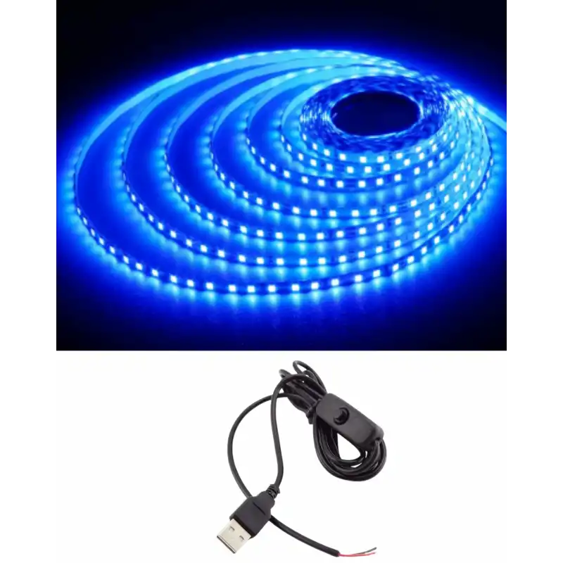 5 Metre 5 Volt 2835 SMD Mavi İç Mekan 60 Ledli Şerit USB li Anahtarlı Siyah Güç Kablosu Set