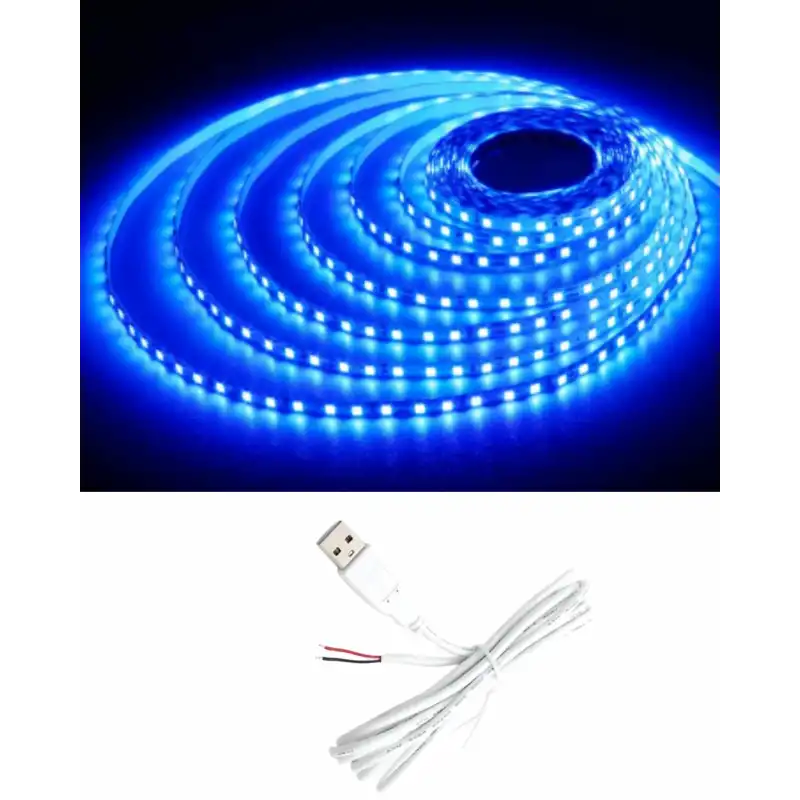 5 Metre 5 Volt 2835 SMD Mavi İç Mekan 60 Ledli Şerit USB li Beyaz Güç Kablosu Set