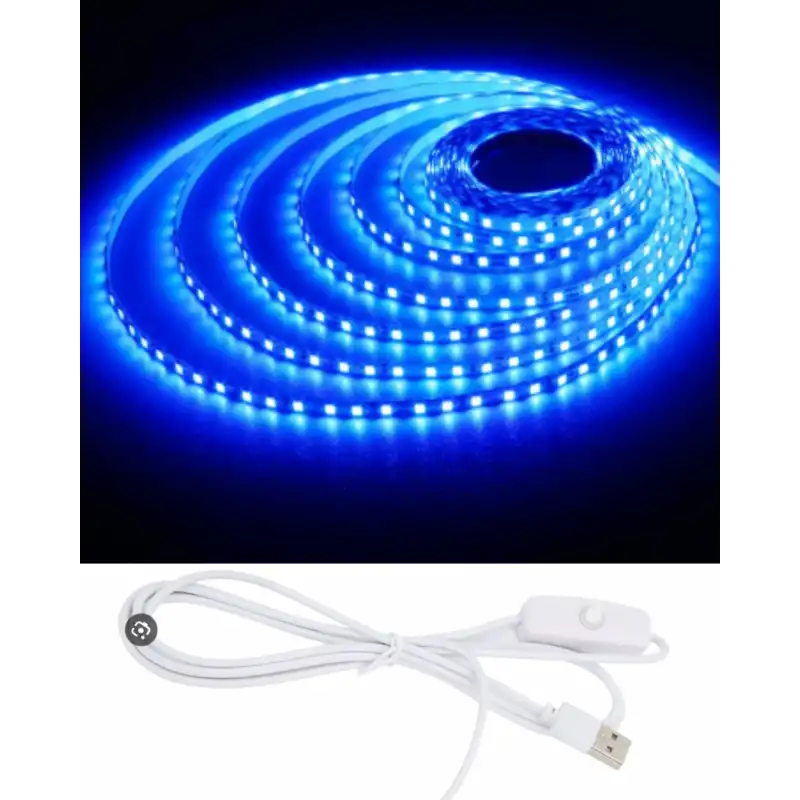 5 Metre 5 Volt 2835 SMD Mavi İç Mekan 60 Ledli Şerit USB li Anahtarlı Beyaz Güç Kablosu Set