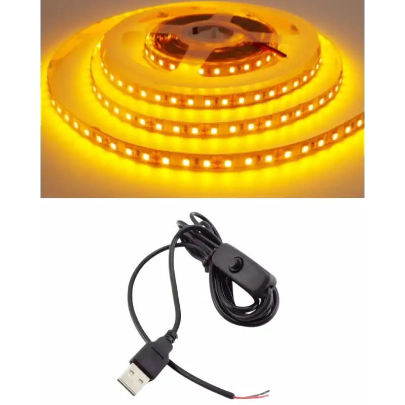 5 Metre 5 Volt 2835 SMD Amber İç Mekan 60 Ledli Şerit USB li Anahtarlı Siyah Güç Kablosu Set