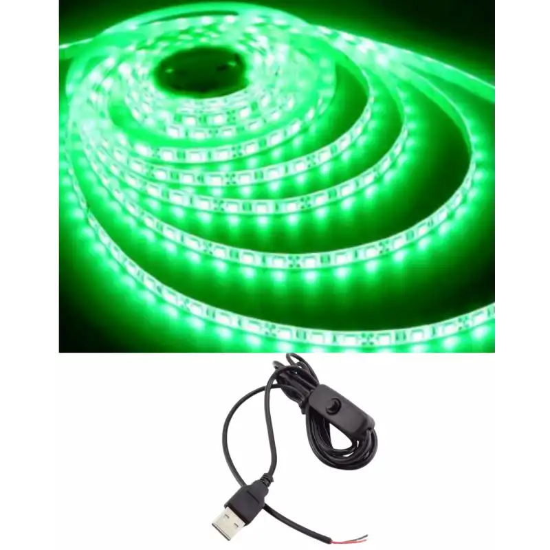 5 Metre 5 Volt 2835 SMD Yeşil İç Mekan 60 Ledli Şerit USB li Anahtarlı Siyah Güç Kablosu Set