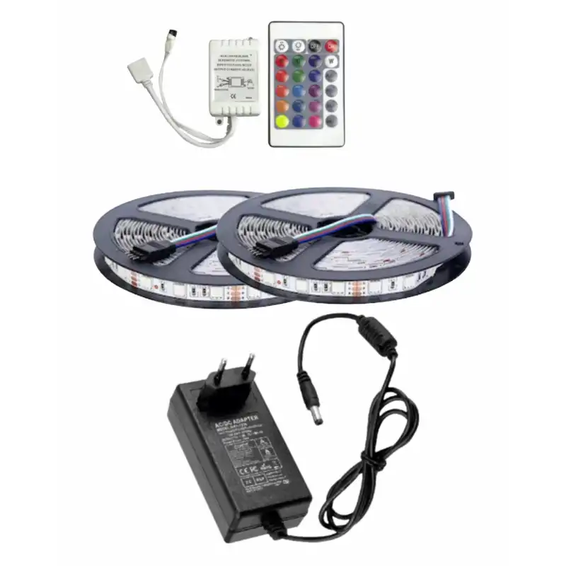 10 Metre 12V 60 Ledli RGB İç Mekan Şerit Led 5A Priz Tipi Plastik Adaptör 24 Tuşlu IR Led Kontrol Üniteli Set