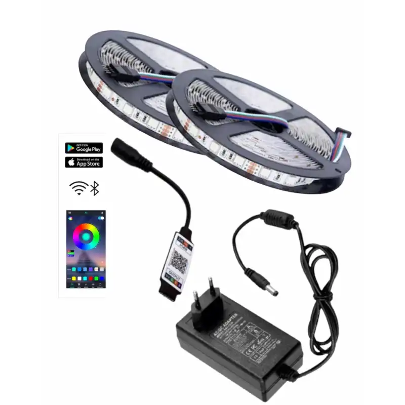 10 Metre 12V 60 Ledli RGB Dış Mekan Şerit Led 5A Priz Tipi Plastik Adaptör Bluetoothlu Telefondan Led Kontrol Üniteli Set