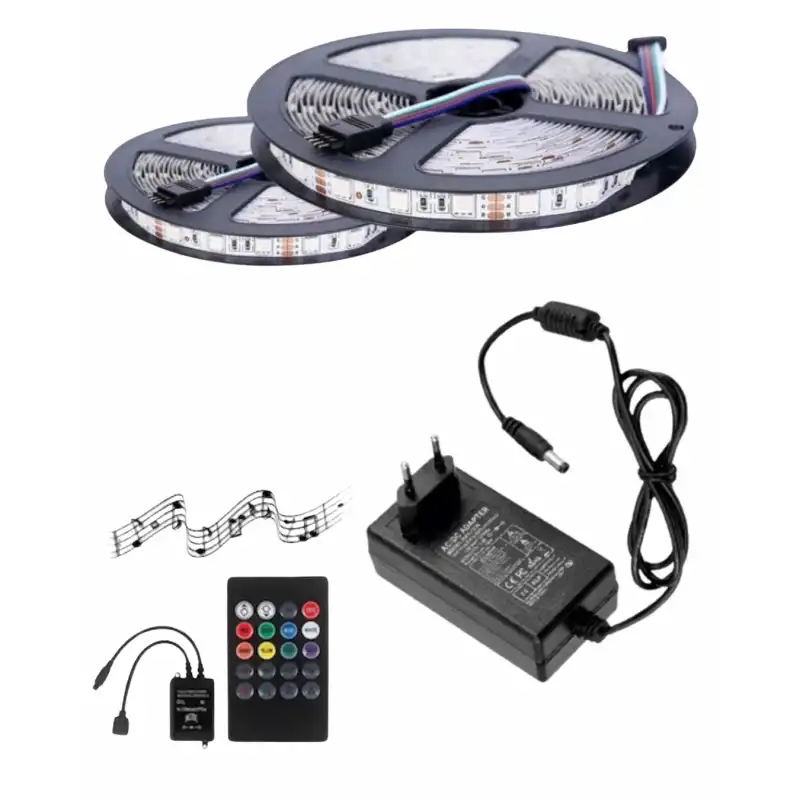 10 Metre 12V 60 Ledli RGB Dış Mekan Şerit Led 5A Priz Tipi Plastik Adaptör Sese ve Müziğe Duyarlı Led Kontrol Üniteli Set
