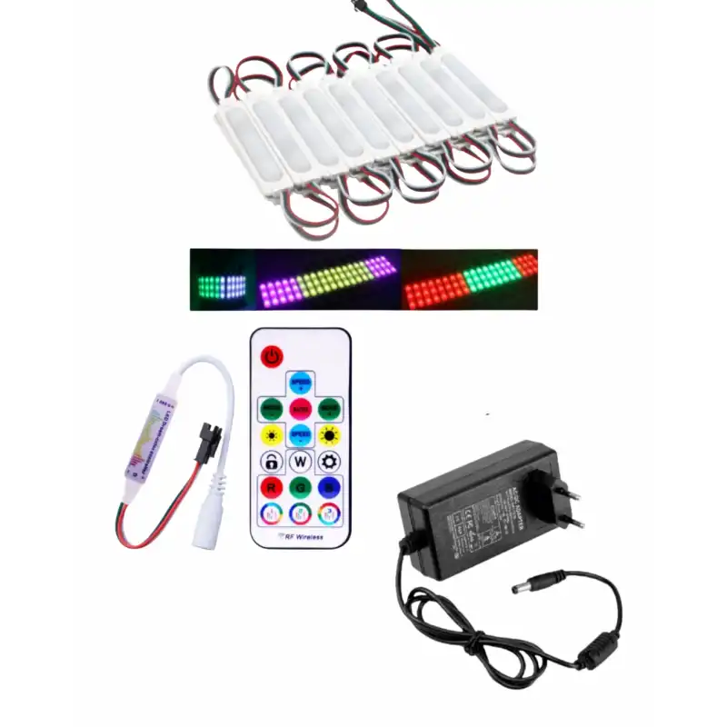 20 Adet 12V 3 Watt Argb Pixel Cob Modül 17 Tuşlu Sese ve Müziğe Duyarlı RF Kumandalı 5A Priz Tipi Plastik Adaptörlü Set