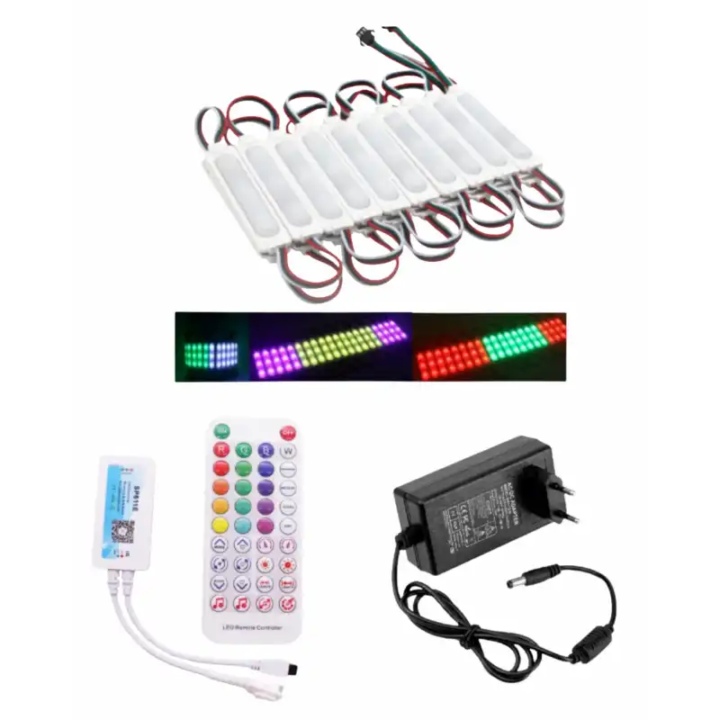 20 Adet 12V 3 Watt Argb Pixel Cob Modül SP611E Tek Çıkışlı Sese ve Müziğe Duyarlı 5A Priz Tipi Plastik Adaptörlü Set