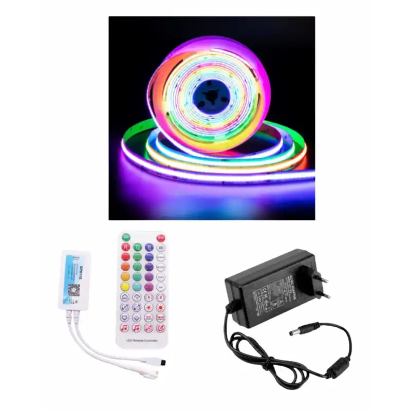 5 Metre 12 Volt 12mm İç Mekan 720 Ledli Argb Pixel Cob Led SP611E Bluetoothlu Sese Duyarlı Tek Çıkış Kumanda 5A Priz Tipi Plastik Trafo Set