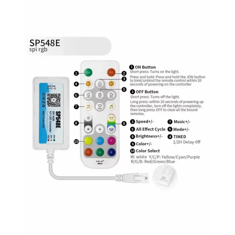 5V -24V SP548E Sese ve Müziğe Duyarlı RGB Pixel Led Kontrol Cihazı APP Kontrol ve RF Kumandalı