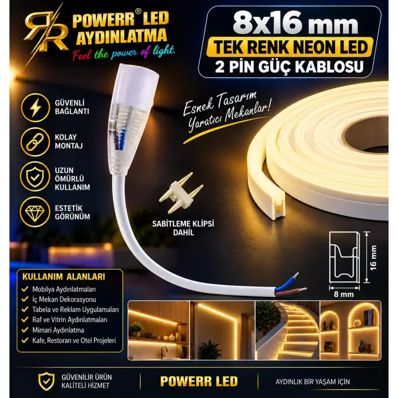8x16 mm Tek Renk Neon Led Güç Kablosu 2 Pin
