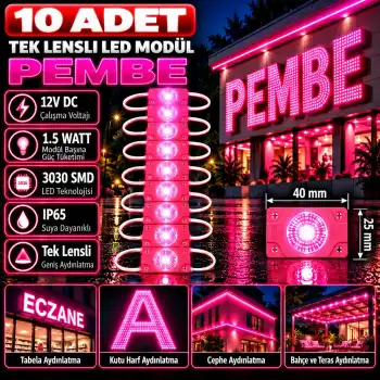 10 A det 12 Volt 1.5 Watt Tek Lensli Pembe 3030 Led Modül IP65