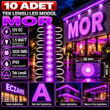 10 Adet 12 Volt 1.5 Watt Tek Lensli Mor 3030 Led Modül IP65