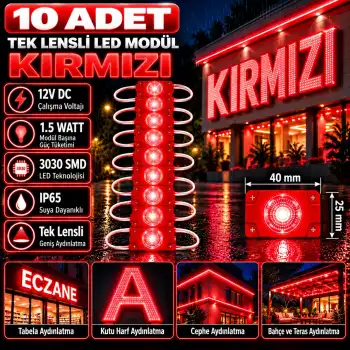 10 Adet 12 Volt 1.5 Watt Tek Lensli Kırmızı 3030 Led Modül IP65