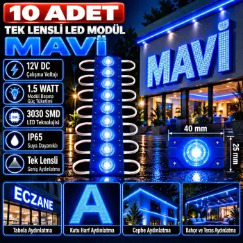 10 Adet 12 Volt 1.5 Watt Tek Lensli Mavi 3030 Led Modül IP65