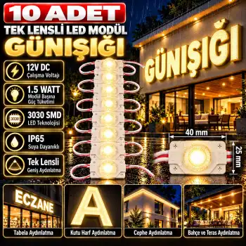 10 Adet 12 Volt 1.5 Watt Tek Lensli Günışığı 3030 Led Modül IP65