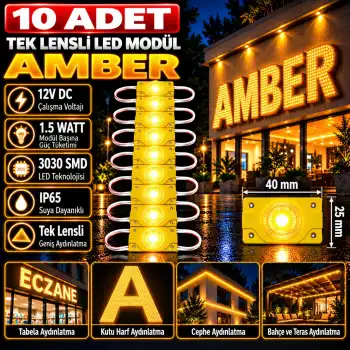 10 Adet 12 Volt 1.5 Watt Tek Lensli Sarı - Amber 3030 Led Modül IP65