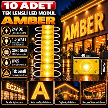 10 Adet 24 Volt 1.5 Watt Tek Lensli Sarı - Amber 3030 Led Modül IP65