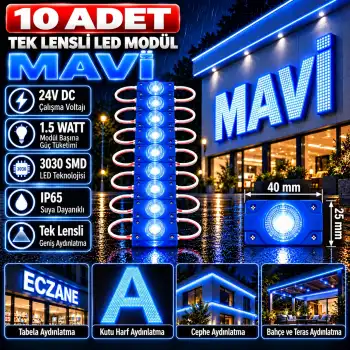 10 Adet 24 Volt 1.5 Watt Tek Lensli Mavi 3030 Led Modül IP65