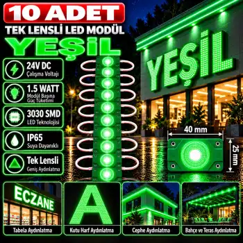 10 Adet 24 Volt 1.5 Watt Tek Lensli Yeşil 3030 Led Modül IP65