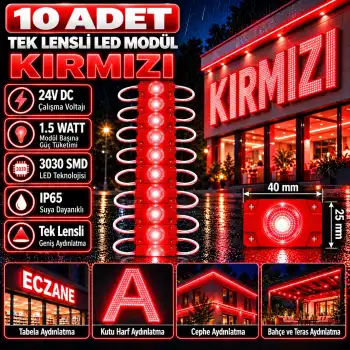 10 Adet 24 Volt 1.5 Watt Tek Lensli Kırmızı 3030 Led Modül IP65