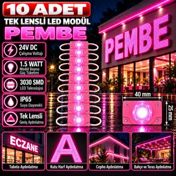10 Adet 24 Volt 1.5 Watt Tek Lensli Pembe 3030 Led Modül IP65