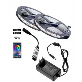 10 Metre 12V 60 Ledli RGB Dış Mekan Şerit Led 5A Priz Tipi Plastik Adaptör Bluetoothlu Telefondan Led Kontrol Üniteli Set