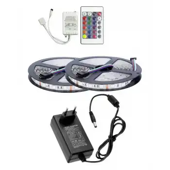 10 Metre 12V 60 Ledli RGB İç Mekan Şerit Led 5A Priz Tipi Plastik Adaptör 24 Tuşlu IR Led Kontrol Üniteli Set