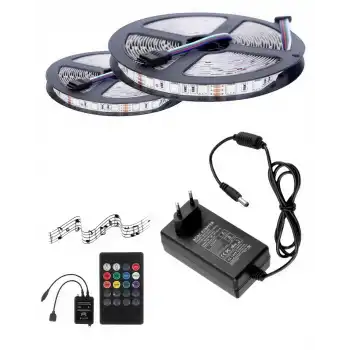10 Metre 12V 60 Ledli RGB İç Mekan Şerit Led 5A Priz Tipi Plastik Adaptör Sese ve Müziğe Duyarlı Led Kontrol Üniteli Set