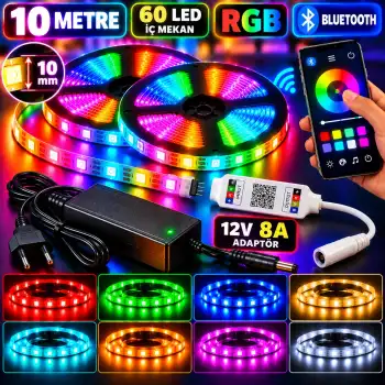 10M 12V 10mm 60 Ledli İç Mekan RGB Şerit Led 8A Laptop Adaptör Bluetooth RGB Kumandalı Set