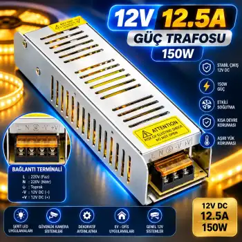 12 Volt 12.5 Amper 150 Watt Slim Metal Kasa Trafo