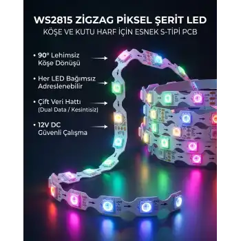 12 Volt 10 mm 60 Ledli Zigzag ws2815 Argb Pixel Adreslenebilir İç Mekan 5 Metre Şerit Led