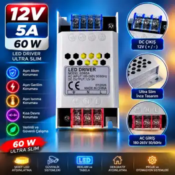 12 Volt 5 Amper 60 Watt Ultra Slim Metal Kasa Trafo