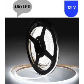 12 Volt 8 mm 480 Ledli Esnek Cob Şerit 6500 K Beyaz İç Mekan 5 Metre