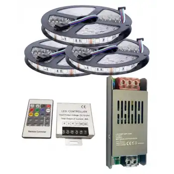15 Metre 12V 60 Ledli RGB Dış Mekan Silikonlu Şerit Led 16,5A Slim Trafo 36 A RF Led Kontrol Üniteli Set