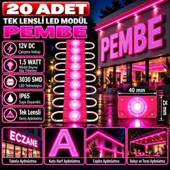 20 Adet 12 Volt 1.5 Watt Tek Lensli Pembe 3030 Led Modül IP65