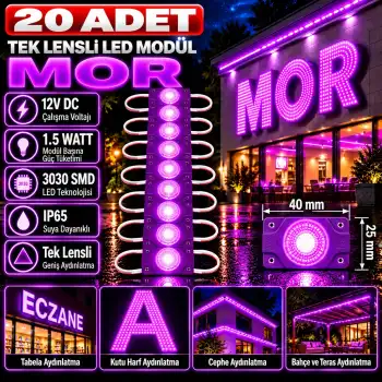 20 Adet 12 Volt 1.5 Watt Tek Lensli Mor 3030 Led Modül IP65
