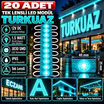 20 Adet 12 Volt 1.5 Watt Tek Lensli Turkuaz 3030 Led Modül IP65