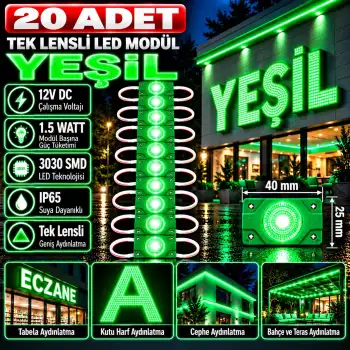 20 Adet 12 Volt 1.5 Watt Tek Lensli Yeşil 3030 Led Modül IP65