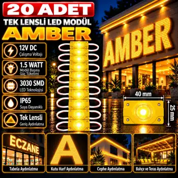 20 Adet 12 Volt 1.5 Watt Tek Lensli Amber 3030 Led Modül IP65