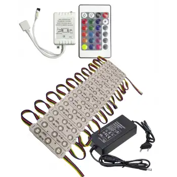 20 Adet 12 Volt Samsung 0.72 Watt 3 Lensli Rgb Led Modül 24 Tuşlu RGB Kumanda 5A Plastik Adaptör Set