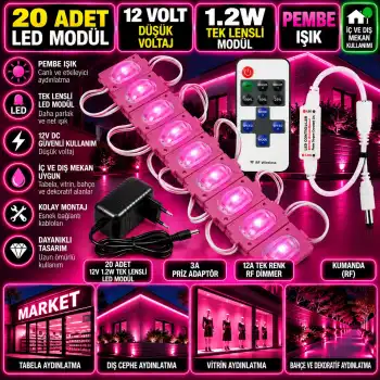 20 Adet 12V 1.2W Dar Açılı Tek Lensli Pembe Led Modül 3A Priz Adaptör 12A Tek Renk RF Dimmer Set