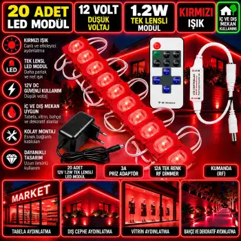 20 Adet 12V 1.2W Dar Açılı Tek Lensli Kırmızı Led Modül 3A Priz Adaptör 12A Tek Renk RF Dimmer Set
